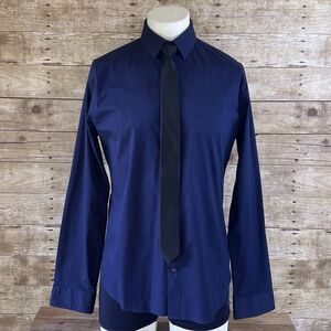 Express 1MX Extra Slim Fit Mens Dress Shirt Navy Blue L 16-16.5 With Black Tie